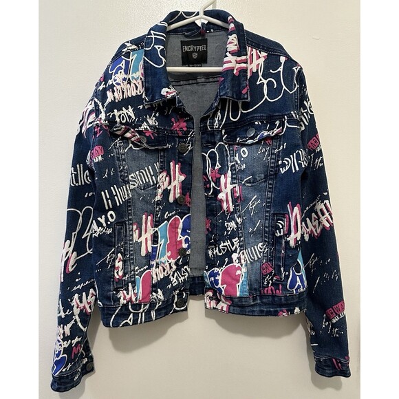 Girls Size 10-12 Encrypted Street Graffiti Embellished Stretch Denim Blue Jeans - Picture 1 of 5